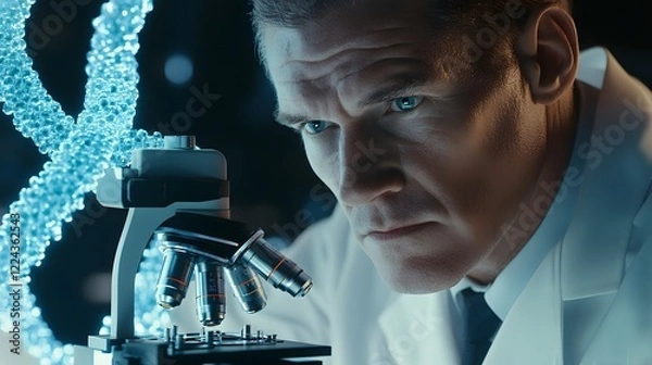 Fototapeta Scientist analyzes DNA helix under microscope. Genetic research concept.