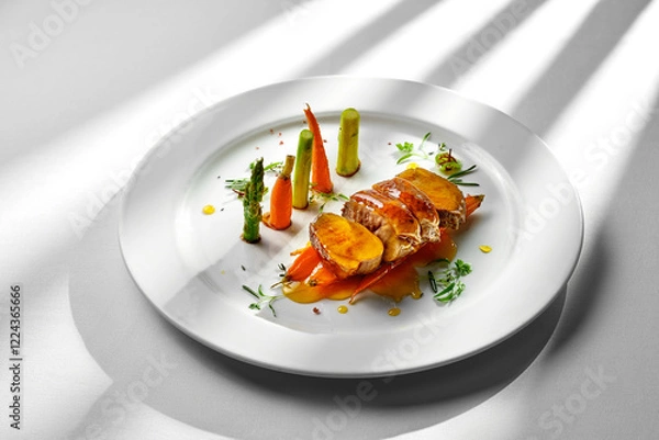 Fototapeta A vibrant and colorful plate of pan-seared duck breast, served with roasted carrots and a drizzle of citrus glaze.