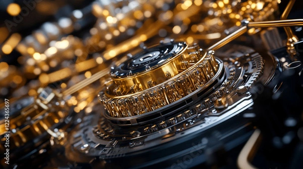 Fototapeta Quantum Computer Interior with Golden Components and Shadowed Depths-1