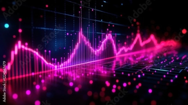 Fototapeta Neon line chart with a digital glitch effect, glowing against a black space