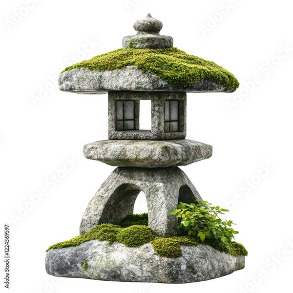 Fototapeta A serene stone lantern covered in vibrant green moss, symbolizing tranquility and harmony in a traditional Japanese garden. Perfect for cultural themes.