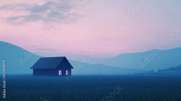 Fototapeta A solitary hut framed by endless rice paddies, with a distant mountain range and a soft pink sky at dusk.