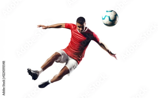 Fototapeta Football Player Strikes Ball in Midair Against a Clean Background