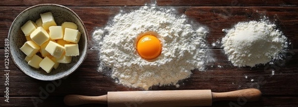 Fototapeta Minimalistic kitchen preparation with flour, eggs, sugar, and butter viewed from above