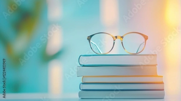 Fototapeta Stack of Book Stack of books with a pair of reading glasses on top, creating a studious and intellectual atmosphere