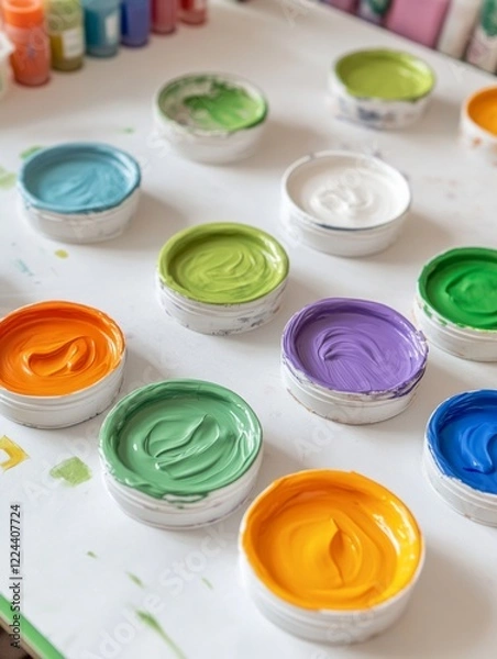 Fototapeta Colorful Outdoor Creativity Vibrant Paint Supplies on Youth Camp Tables - Inspiring Arts and Crafts Marketing for Skill Development in Educational Environments