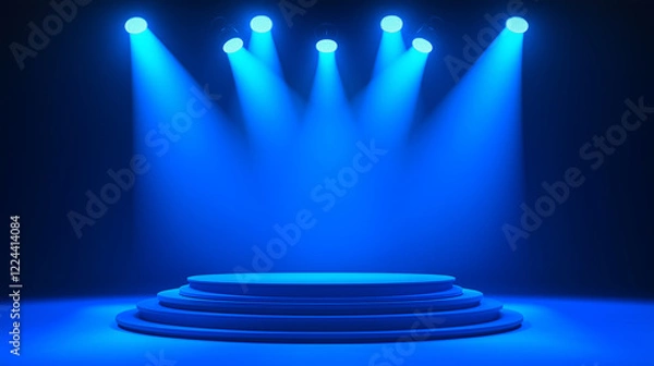Fototapeta glowing blue podium with six lines and bright spotlights creates dramatic scene, ready for presentation or performance