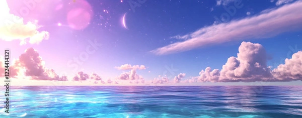 Fototapeta Ocean landscape at twilight with vibrant pink clouds and glowing moon reflecting on tranquil turquoise water surface