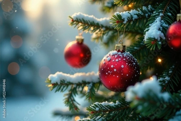 Fototapeta Delicate snowflakes cling to bright red and yellow ornaments on evergreen branches, fir tree, snowflakes, red balls