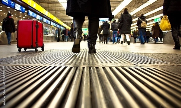 Fototapeta Traveler walking through busy train station with red suitcase, low angle view