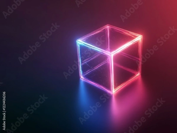 Fototapeta Holographic Minimalism Glowing Cube Art for National 3-D Day - Spring Innovation and Commercial Digital Design in Virtual Reality Spaces
