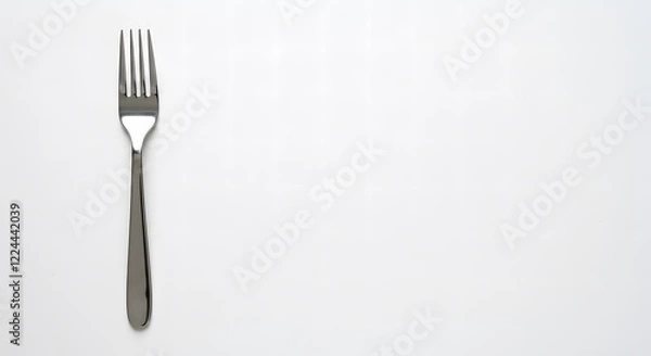 Fototapeta Simple Dinner Fork Resting Neatly on the Left Side of a Bright White Background with Space for Text on the Right