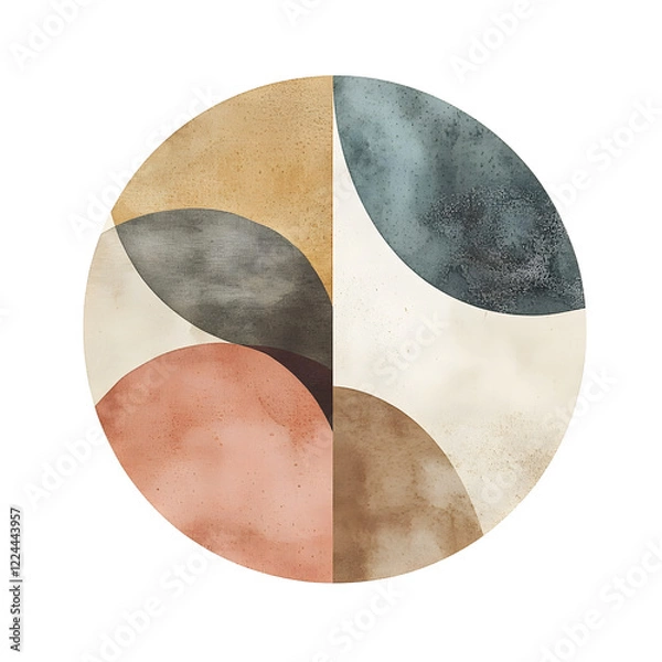 Fototapeta Abstract Geometric Circle Flat VECTOR WATERCOLOR illustration in muted earthy tones, modern Scandinavian design