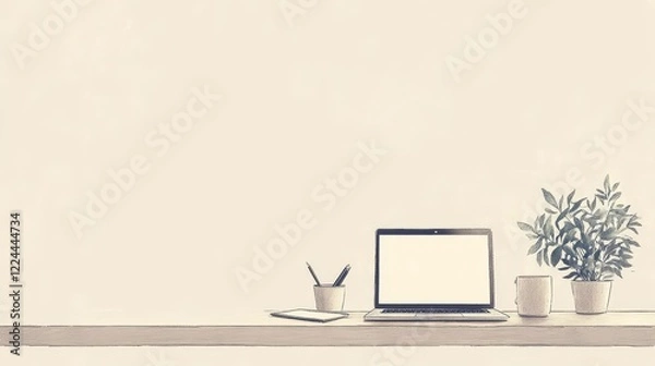 Fototapeta Home office setup with laptop and plants modern workspace minimalist design indoor perspective