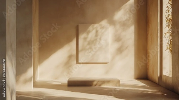 Fototapeta Minimalist interior with blank canvas on wall and sunlight casting shadows on surfaces