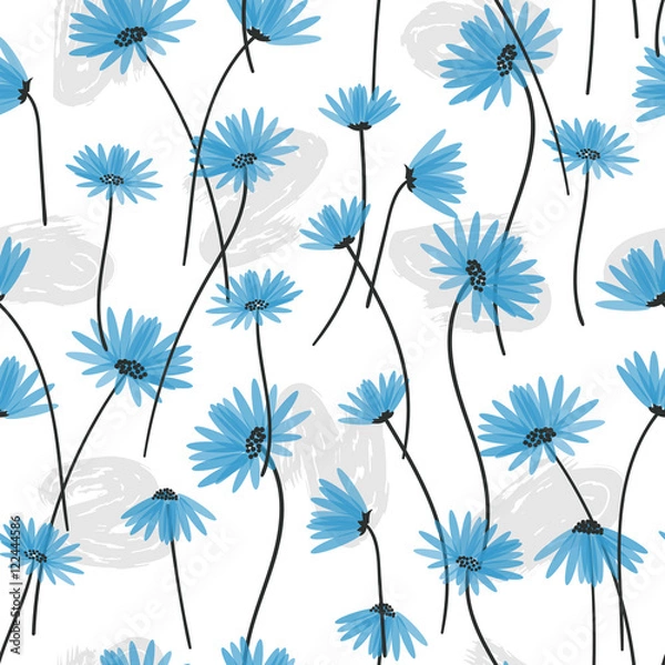 Fototapeta Seamless pattern with blue flowers. Vector floral background.