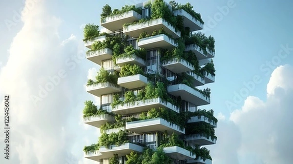 Fototapeta Modern green skyscraper building with vertical garden architectural design form for futuristic image innovation concept of sustainable eco-friendly urban life of the future.