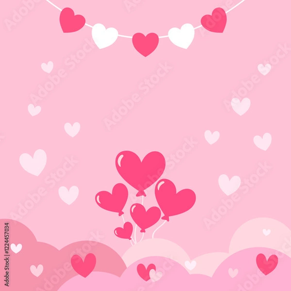 Fototapeta Valentine background.Pink and white heart shapes in a playful design with heart balloons rising from soft, pastel clouds. Design for Banner, Post, Flyer, Greeting, Card, Cover. Valentine's day design.