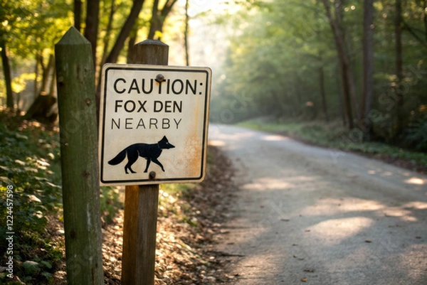 Fototapeta A caution sign warns of a fox den nearby, set along a tranquil, wooded road illuminated by soft morning light.