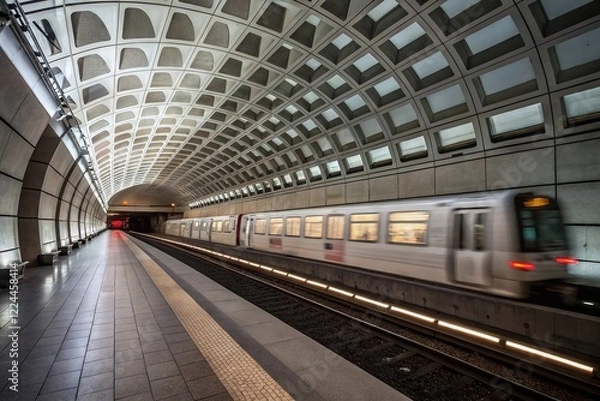 Fototapeta Blurred Motion of Subway Train Entering Station Platform, Modern Architecture