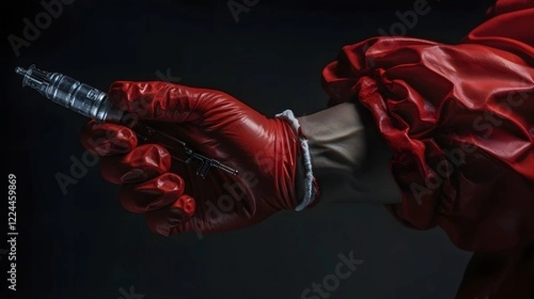 Fototapeta Detailed view of a hand wearing protective gloves firmly gripping a syringe filled with medication or vaccine for medical treatment healthcare intervention and disease prevention purposes