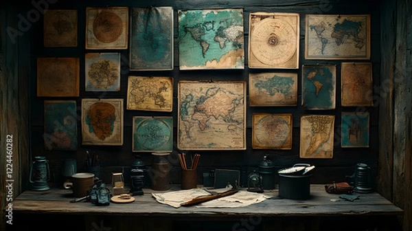 Fototapeta Antique maps adorn a wooden explorer's study;  vintage tools and papers on the desk; adventure backdrop