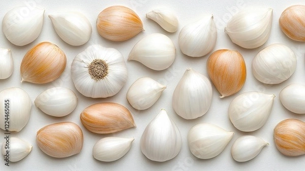 Fototapeta A photostock of fresh garlic cloves artistically arranged with bold lighting on a clean background, showcasing natural textures. High Quality