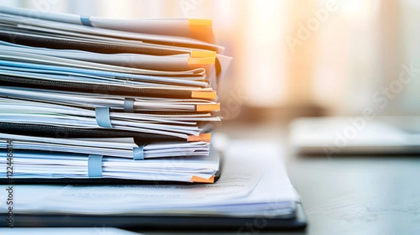 Obraz Modern office desk with neatly arranged stack of documents, laptop, and stationery, symbolizing productivity and organization in a professional workspace.
