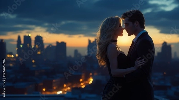 Obraz Stylish couple in elegant dark outfits stand on a rooftop at sunset with a blurred cityscape in the background, exuding a romantic, mysterious and luxurious atmosphere.