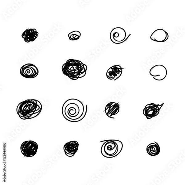 Fototapeta Scribble doodle circle and point. Collection black shapes dots and drops. Set of hand drawn doodle circles in a grunge style. Vector illustration for bullet journal. Isolated white background.