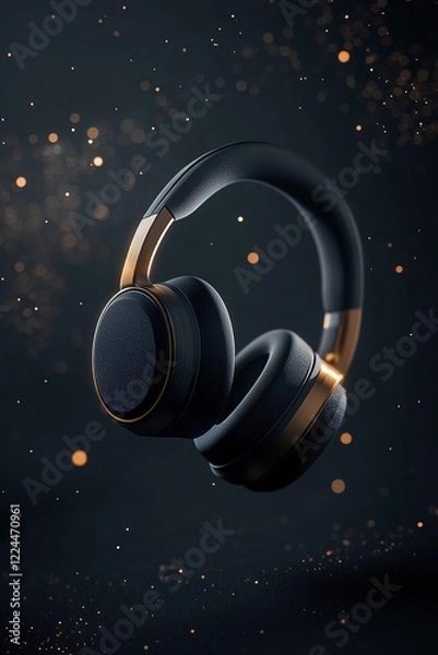 Fototapeta Luxurious headphones feature a sleek matte black finish with gold accents, illuminated by soft glowing edges