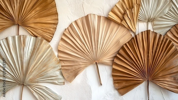 Fototapeta 44.Fan-shaped dried palm tree leaves in varying shades of brown, carefully arranged to form a frame on a light background, with textures and details highlighted by soft lighting.