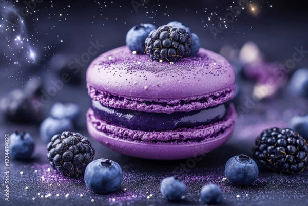 Obraz Purple macaron with blackberries and blueberries on a dark cosmic background