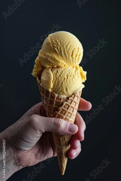Fototapeta Hand holding an ice cream cone on gray background 