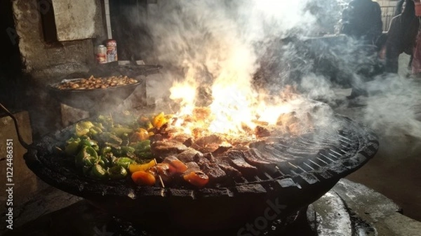 Fototapeta 41.A flaming charcoal grill loaded with juicy cuts of meat and fresh vegetables, with the flames licking the edges of the food as smoke rises into the air.