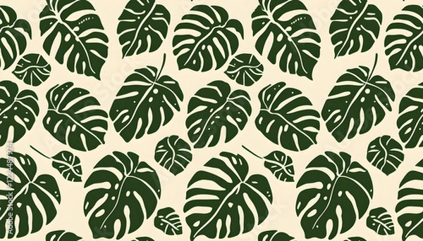 Fototapeta A repeating pattern of green Monstera leaves on a light beige background.