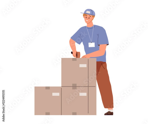 Fototapeta Man packs personal belongings into cardboard relocation box and seals lid with tape. Guy with scotch tape tool and packages during relocation preparations, goods ordered by customer for shipment
