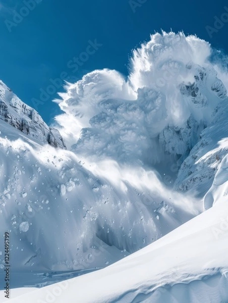 Fototapeta A breathtaking avalanche in progress on a pristine mountain slope under a clear blue sky.