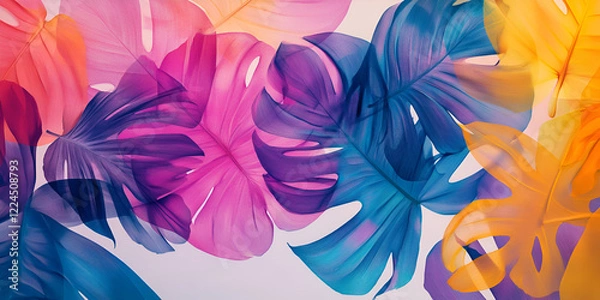 Fototapeta Rainbow Monstera Leaves: Vibrant, colorful monstera leaves in a spectrum of rainbow hues, creating a visually striking and artistic image. Perfect for adding a pop of color to any design.
