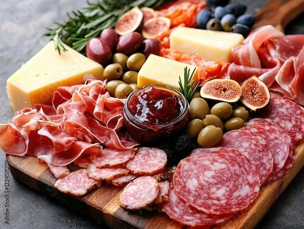 Fototapeta Appetizing charcuterie board with cheese salami figs olives and jam on wooden platter