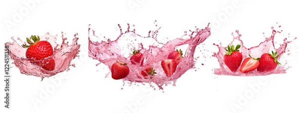 Fototapeta A set of fresh strawberries splashing into vibrant pink water, isolated on a transparent background. Ideal for food and beverage designs, as well as fruit-themed marketing.