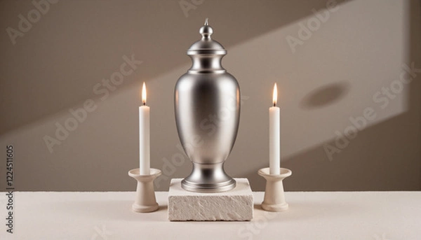 Fototapeta Elegant polished silver urn with lit candles on a stone platform, serene ambiance