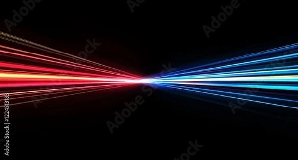 Fototapeta Dynamic light beams converging: red and blue streaks on black background