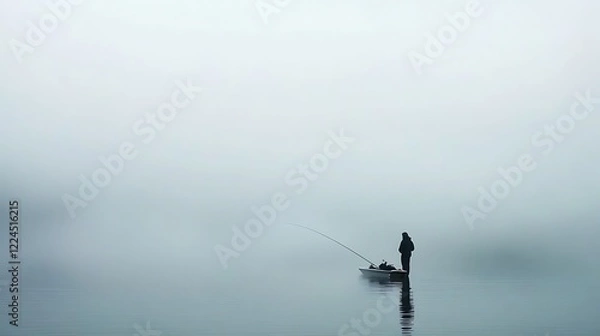 Obraz Solitude and Stillness: A Fisherman in the Misty Lake