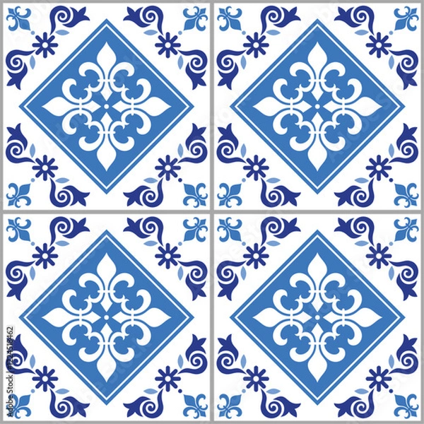 Obraz Lisbon inspired Azulejo tile seamless vector pattern in navy blue - Spanish and Portuguese art perfect for textile and fabric print