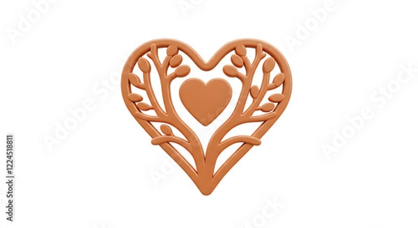 Fototapeta Heart Shaped Tree of Life Ornament Brown 3D Render isolated on white background. Generative AI