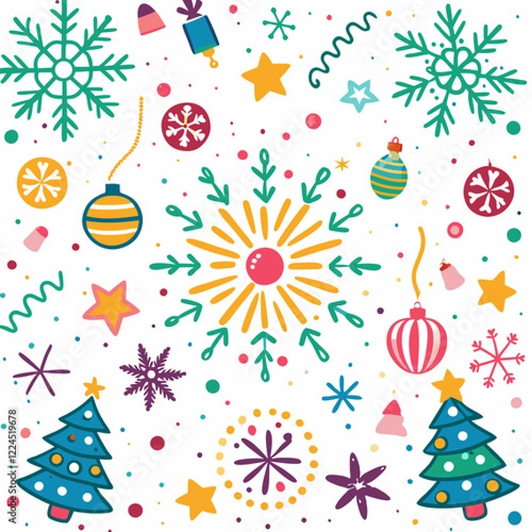 Obraz Festive Christmas and New Year pattern with colorful ornaments, snowflakes, and stars.