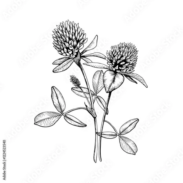 Fototapeta Composition with wild plant blooming clovers. Hand drawn botanical vector illustration. Sketch painted by black inks line on white isolated background. For clipart, greeting card, package