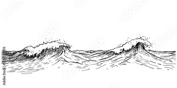 Fototapeta ocean waves with splashing water in hand-drawn doodle sketch style