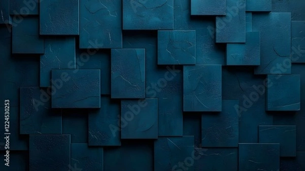 Fototapeta Dark teal geometric pattern, 3D cubes, layered squares, abstract background, textured surface, deep blue-green hues, architectural design, minimalist aesthetic, shadow and depth, repeating shapes